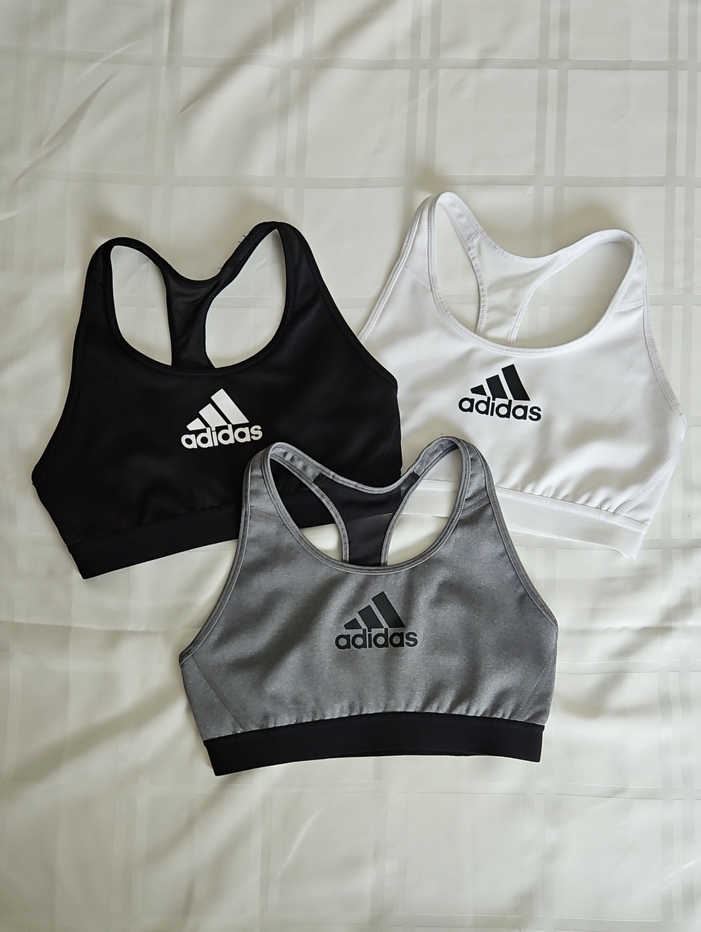 adidas Racerback Sports Bra Set in Black, White & Gray